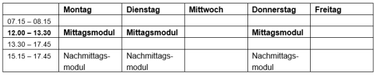 Tabelle Tagesschulmodule Schuljahr 2025/2026